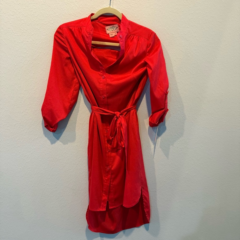 Phoebe Couture Bright Red Satin Shirt Dress